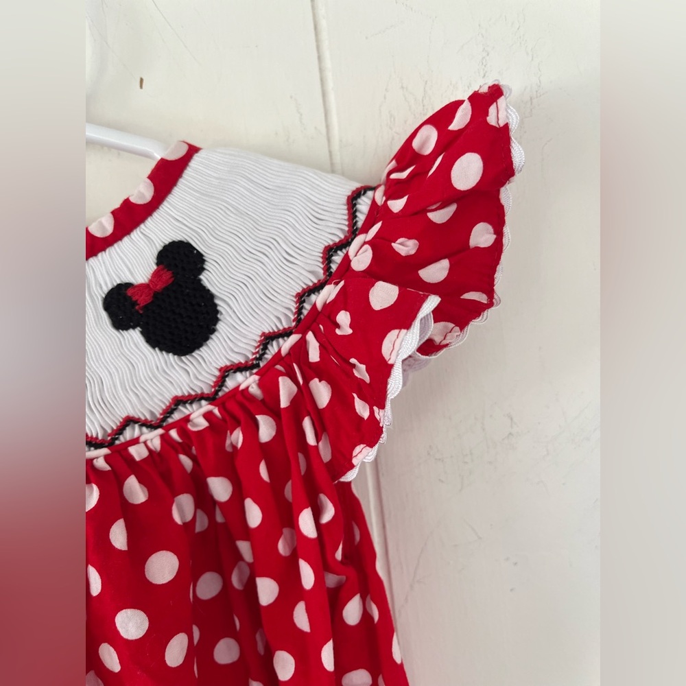 Pleats & Stitches Mouse Ears Smocked Romper Red Polka Dot Minnie Bubble 6 Months - Picture 9 of 15